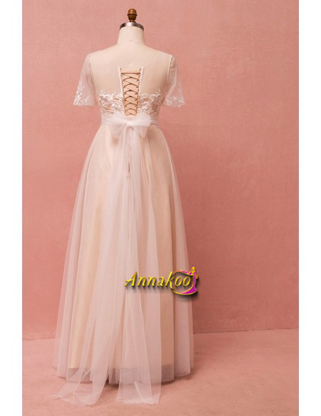 Buy 2021 Light Champagne Illusion Neck Short Sleeves Plus Size Wedding Dress Under 139