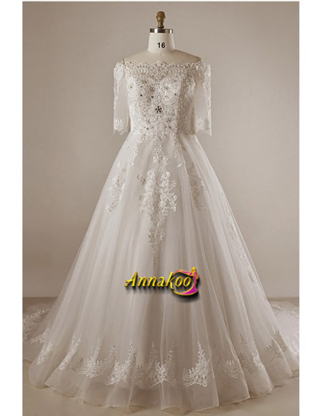 Ivory Off The Shoulder Beaded Lace Half Sleeves Plus Size Wedding Dress