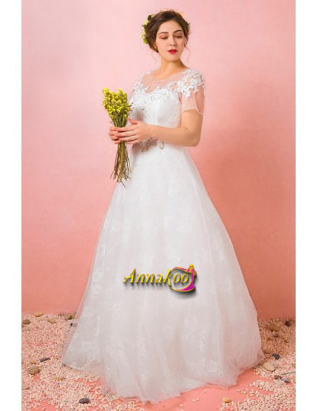 Jeweled Waist Beading A Line  Short Sleeves Plus Size Wedding Dress