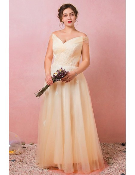 Shop 2021 Champagne Off The Shoulder Pleats Appliques A Line Plus Size Wedding Dress Under 139