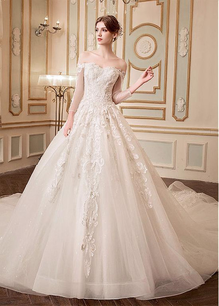 a line wedding dresses with off the shoulder sleeves