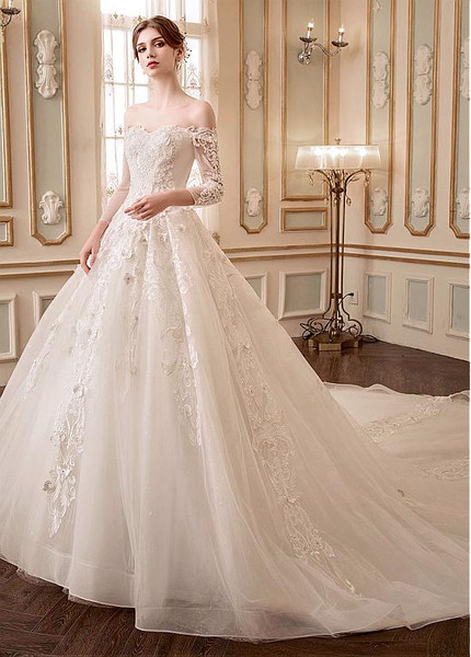 Long Sleeve Off-the-shoulder Beading A-line Wedding Dress 