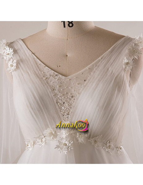 Half Sleeve V Neck Tulle Appliques A Line Plus Size Wedding Dress