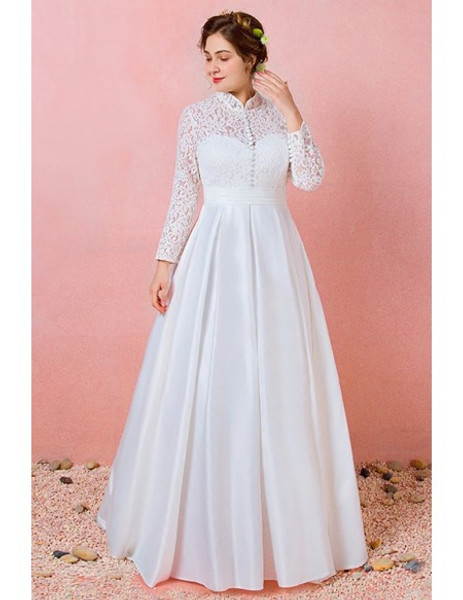Shop 2021 High Neck Long Sleeve Lace & Satin A Line Plus Size Wedding Dress Under 167