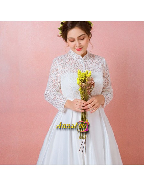 High Neck Long Sleeve Lace & Satin A Line Plus Size Wedding Dress