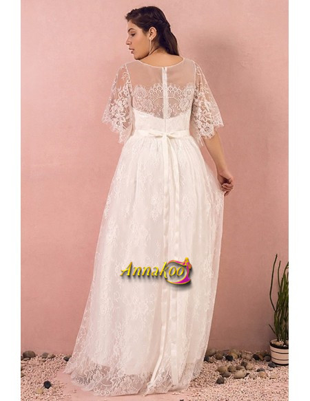 Buy 2021 Ivory Lace Beading Puffy Lace Sleeves Plus Size Wedding Dress Under 169