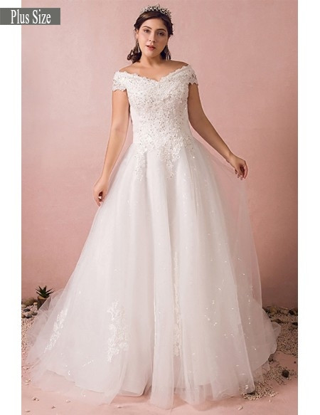 Buy 2021 Plus Size  Off The Shoulder Appliques Lace Long Train Curvy Bride Wedding Dress Under 145