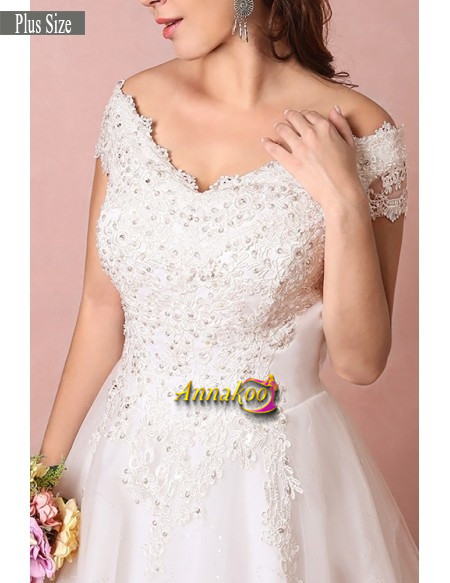 Plus Size  Off The Shoulder Appliques Lace Long Train Curvy Bride Wedding Dress
