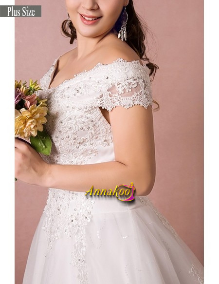 Buy 2021 Plus Size  Off The Shoulder Appliques Lace Long Train Curvy Bride Wedding Dress Under 145