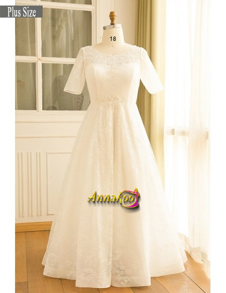 Lace Short Sleeve Beading Lace Up Plus Size Wedding Dress