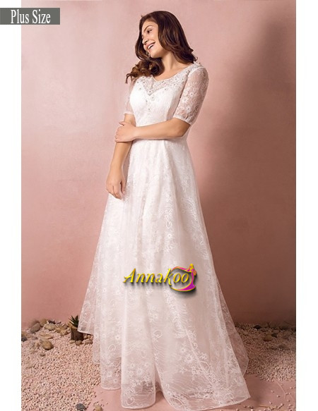 Lace Short Sleeve Beading Lace Up Plus Size Wedding Dress