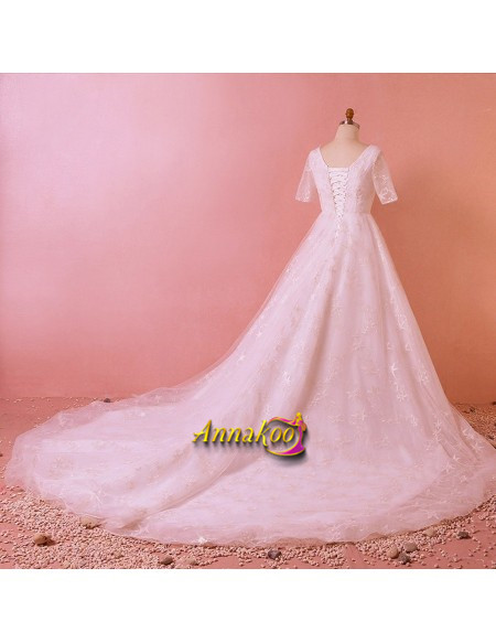 Star Lace Modest V Neck Short Sleeve Floor Length Long Train Wedding Dress