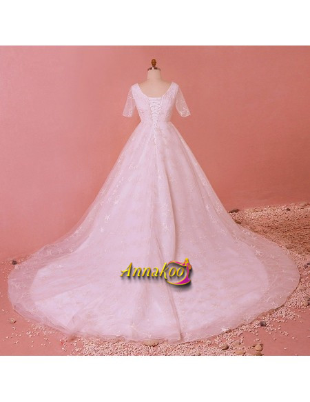 Buy 2021 Star Lace Modest V Neck Short Sleeve Floor Length Long Train Wedding Dress Under 239