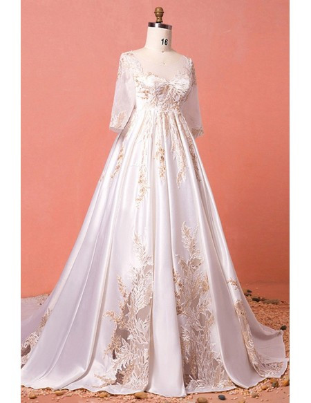 Shop 2021  Luxury Golden Lace Modest  Long Train Long Sleeve Plus Size Wedding Dress  Under 298