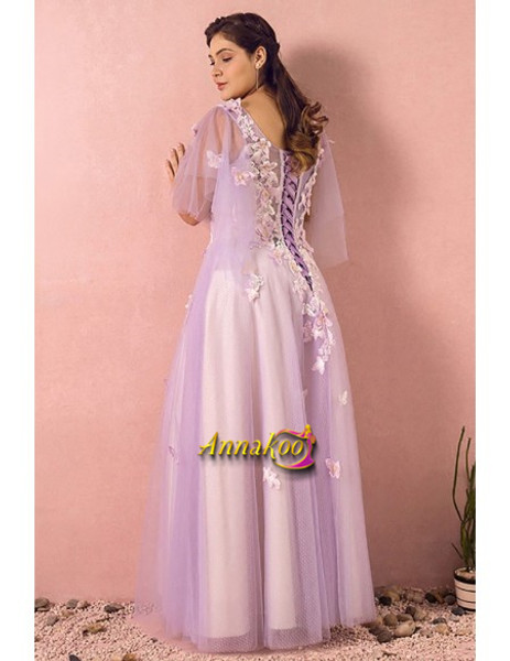 Shop 2021 Light Purple Petal Puffy Sleeves Flowers Lavender Plus Size Prom Dress Under 198