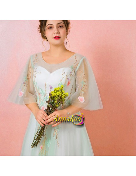 Buy 2021 Light Green Tulle Mint Embroidered Flowers Plus Size Prom Dress Under 168