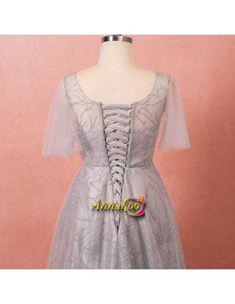 Grey Sparkly Sequins Puffy Sleeves Plus Size Modest Prom Dress