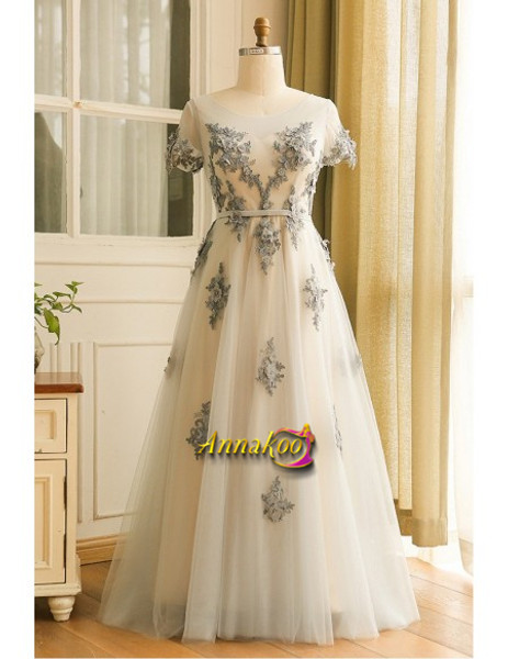 Buy 2021 Beading Flowers Long Tulle Sheer Short Sleeves Plus Size Prom Dress Under 174