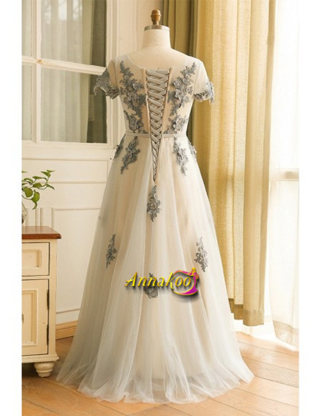 Buy 2021 Beading Flowers Long Tulle Sheer Short Sleeves Plus Size Prom Dress Under 174