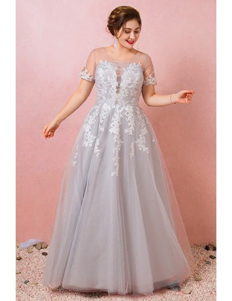 Shop 2021  Grey Tulle Lace Sheer Neck Short Sleeves Plus Size Prom Dress Under 149
