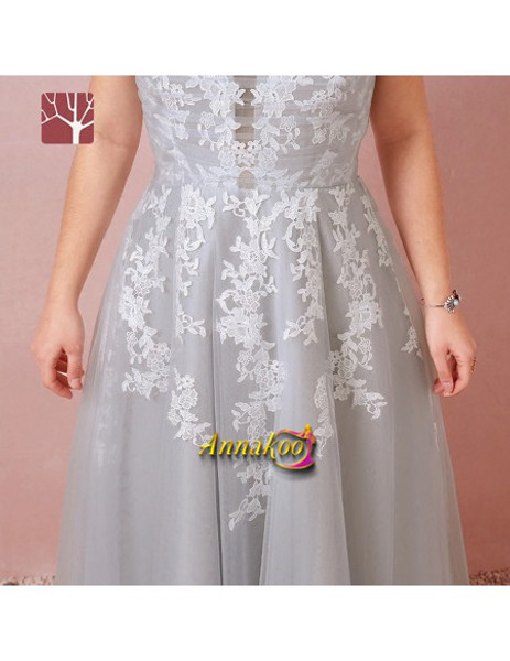 Shop 2021  Grey Tulle Lace Sheer Neck Short Sleeves Plus Size Prom Dress Under 149