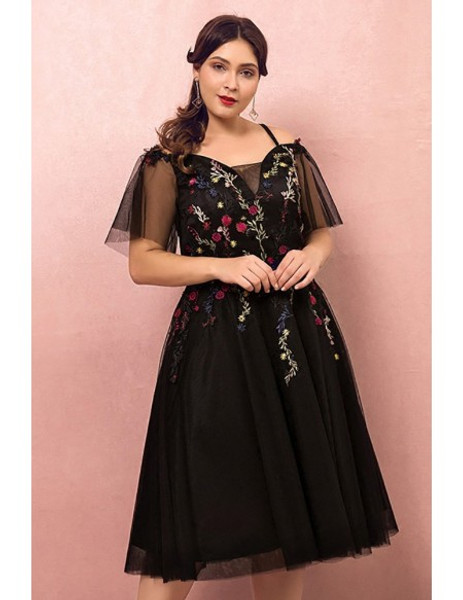 Shop 2021 Knee Length Flower Embroidery Puffy Sleeves Plus Size Black Party Dress Under 139