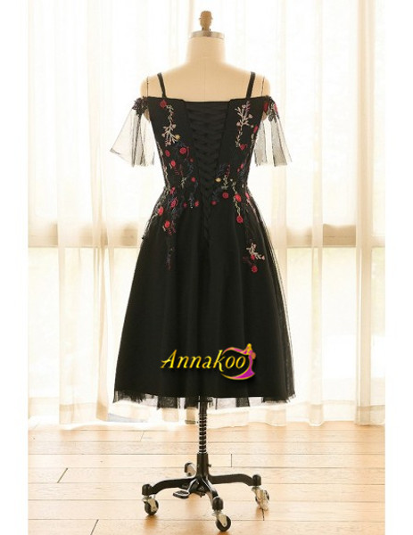 Shop 2021 Knee Length Flower Embroidery Puffy Sleeves Plus Size Black Party Dress Under 139