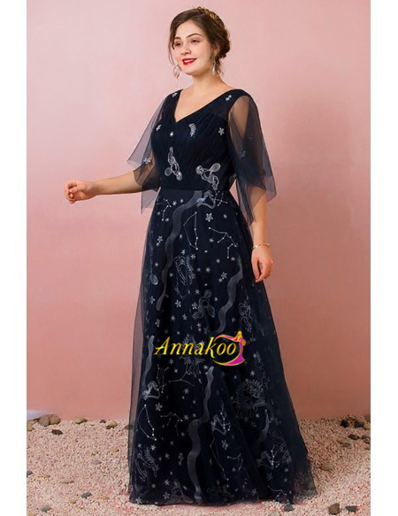 Shop 2021 Navy Blue V Neck Star Pattern Puffy Sleeves Plus Size Prom Dress Under 149