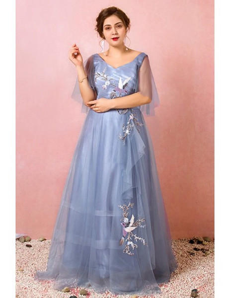 Shop 2021 Blue Pleated V Neck Birds Embroidery Plus Size Formal Dress Under 149
