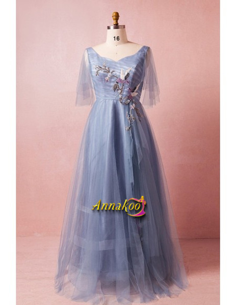 Blue Pleated V Neck Birds Embroidery Plus Size Formal Dress