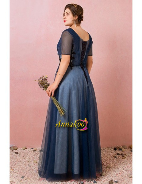 Shop 2021 Navy Blue Pleated Tulle Sheer Sleeves Plus Size Formal Prom Dress Under 145