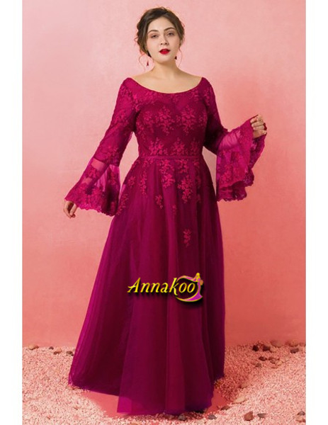 Shop 2021 Round Neck Burgundy Long Flare Sleeves Lace Plus Size Prom Dress Under 175