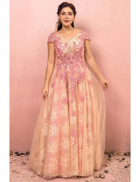 Shop 2021 Appliques Sequin Pink Lace Cap Sleeves Plus Size Formal Dress Under 225