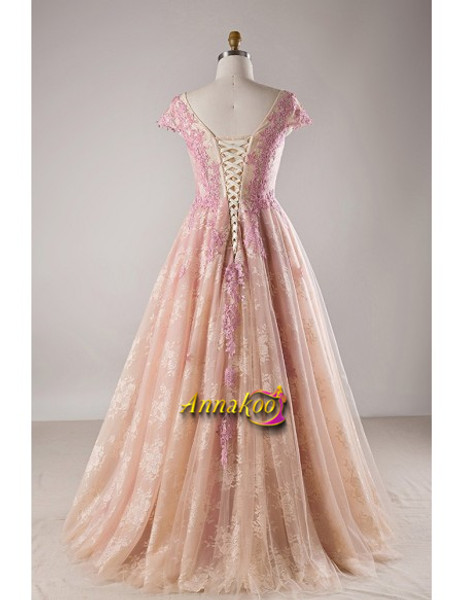 Appliques Sequin Pink Lace Cap Sleeves Plus Size Formal Dress