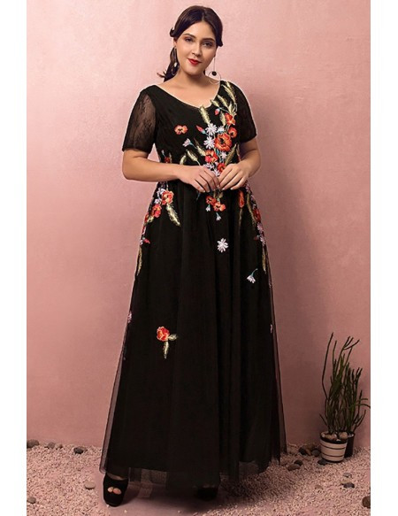 Black Tulle Colorful Flowers V Neck Embroidery Plus Size Prom Dress