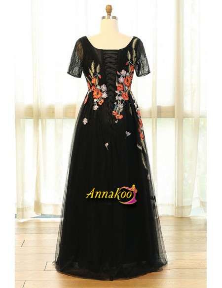 Black Tulle Colorful Flowers V Neck Embroidery Plus Size Prom Dress