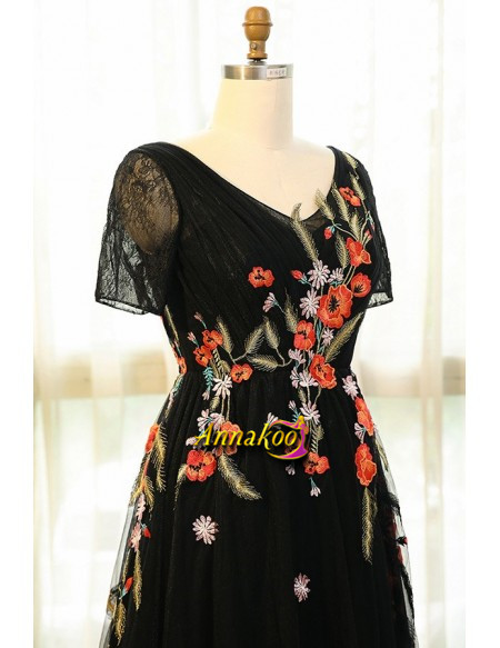Black Tulle Colorful Flowers V Neck Embroidery Plus Size Prom Dress
