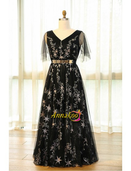 Long Black Star Pattern Puffy Sleeves V Neck Plus Size Prom Dress