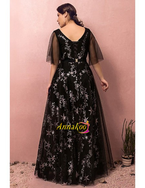 Shop 2021 Long Black Star Pattern Puffy Sleeves V Neck Plus Size Prom Dress Under 169
