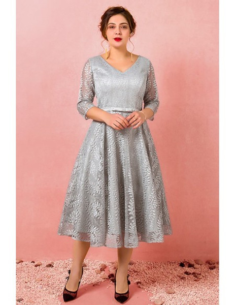Grey Lace V Neck Tea Length 3/4 Sleeves Plus Size Prom Dress