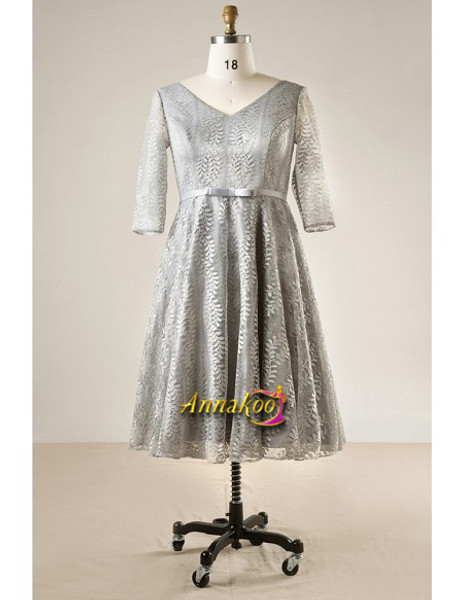 Shop 2021 Grey Lace V Neck Tea Length 3/4 Sleeves Plus Size Prom Dress Under 115