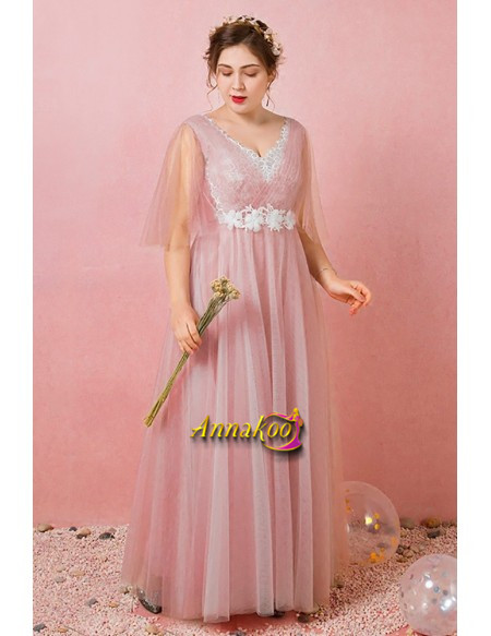 Pleated Pink Tulle Backless Appliques Puffy Sleeves Plus Size Prom Dress