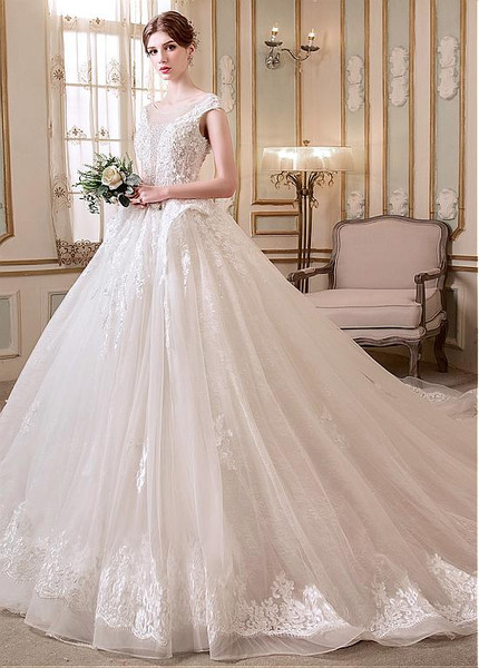 3D Flowers Tulle Beading Ball Gown Wedding Dress 