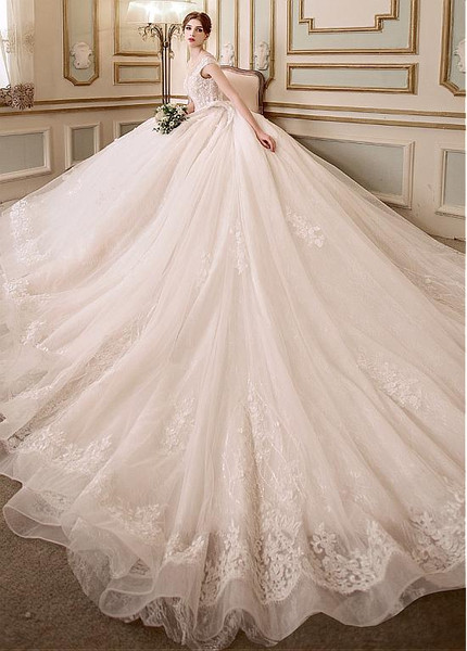 3D Flowers Tulle Beading Ball Gown Wedding Dress 