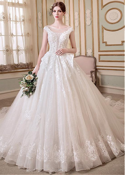 3D Flowers Tulle Beading Ball Gown Wedding Dress 
