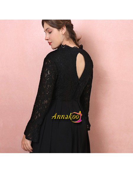 Long Black Halter Chiffon V Neck Lace Long Sleeves Plus Size Formal Dress