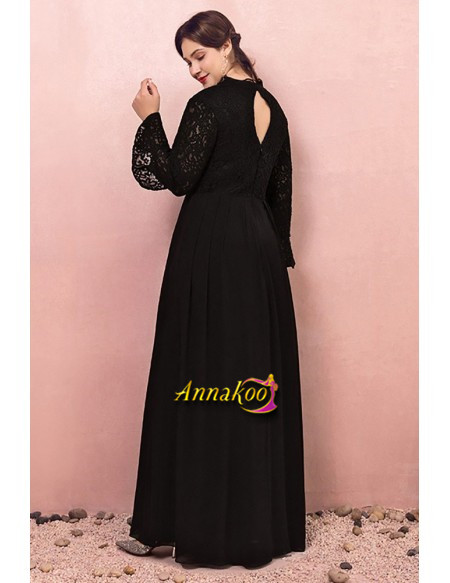Long Black Halter Chiffon V Neck Lace Long Sleeves Plus Size Formal Dress