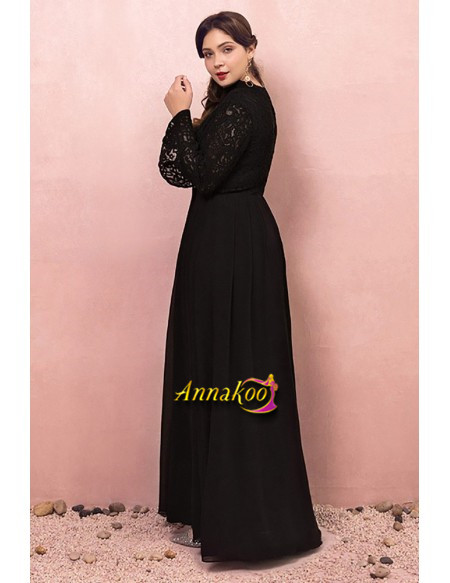 Long Black Halter Chiffon V Neck  Lace Long Sleeves Plus Size Formal Dress