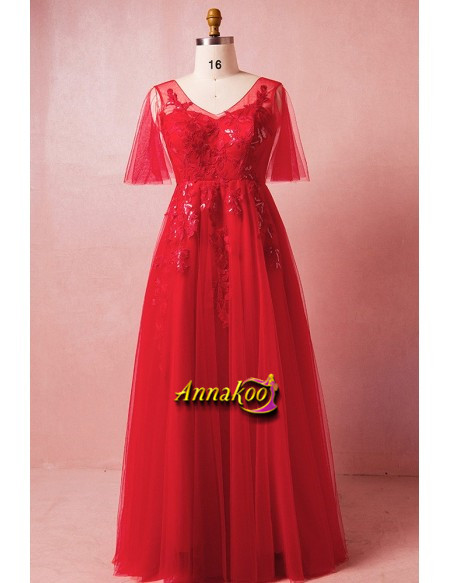 Sequin Embroidery Puffy Sleeves Red Plus Size Prom Dress