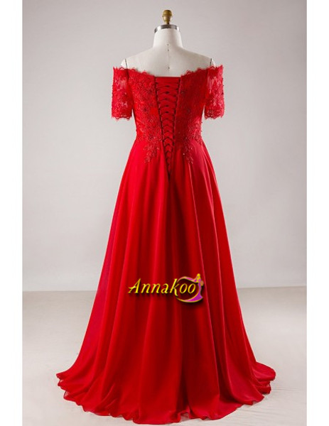 Chiffon Sequin Red Off The Shoulder Short Sleeves Plus Size Prom Dress